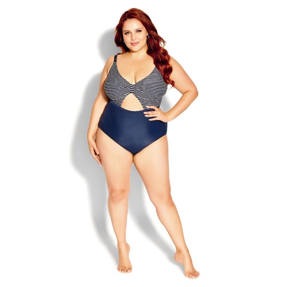 City Chic Plus Size L/20 Lani Navy Striped 1 Piece Swimsuit - Picture 1 of 8